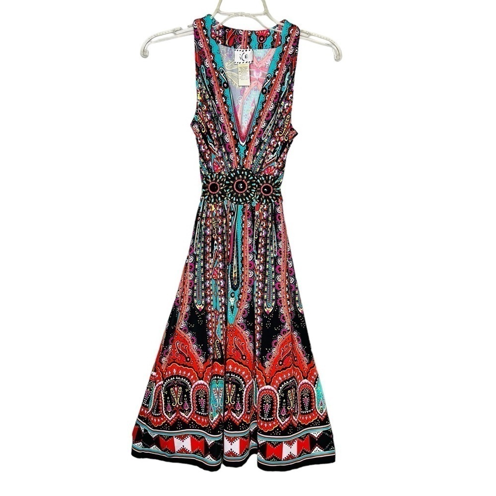 Ice Mosaic Print Embellished Deep V-Neck Dress